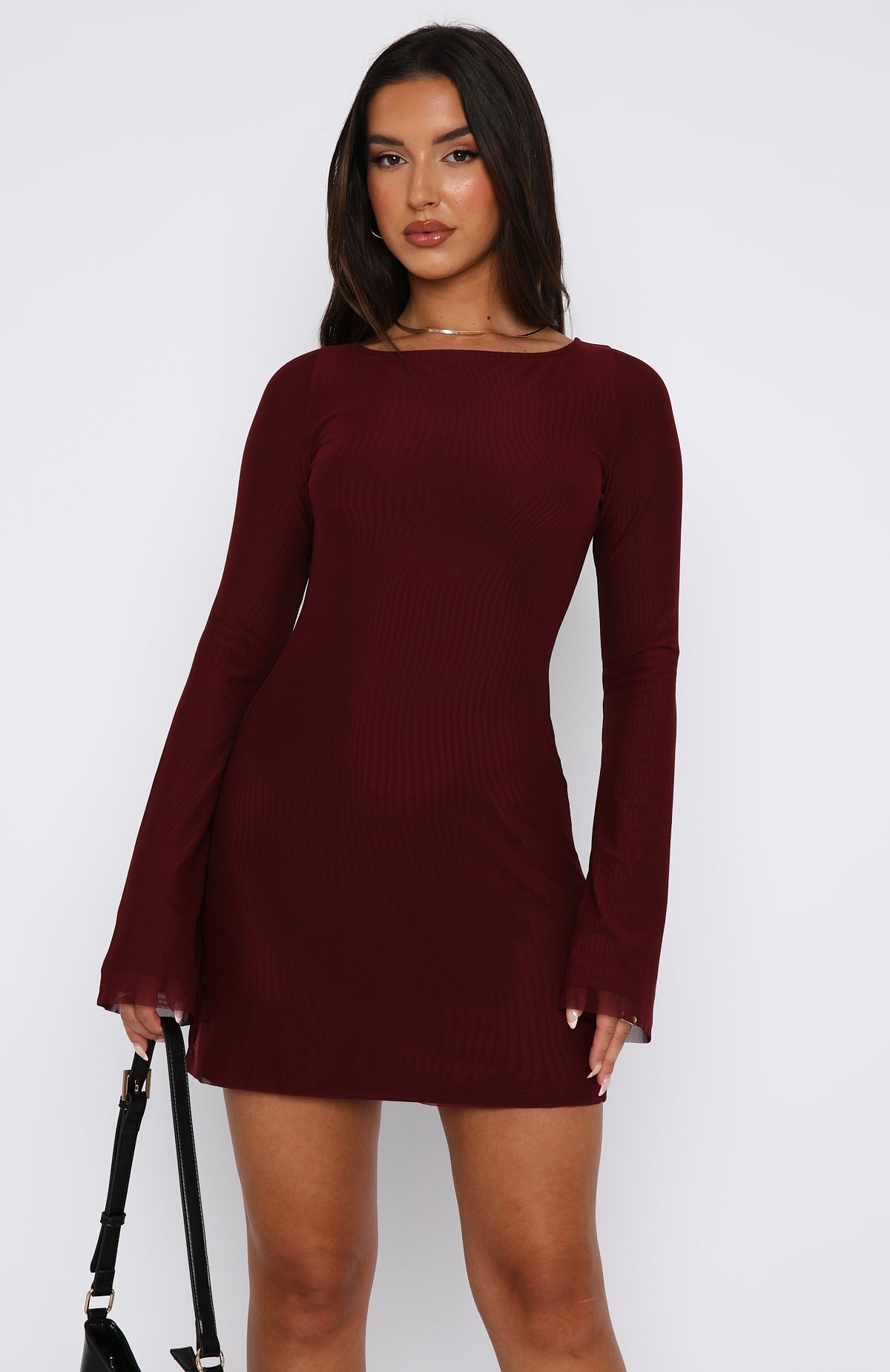 White Fox Excuse Me Miss Long Sleeve Mini Dress Wine