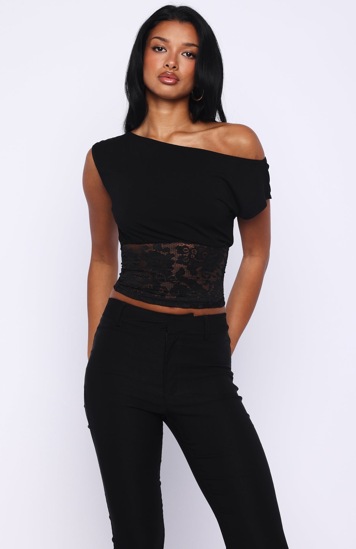 White Fox Mesmerised Eyes Off Shoulder Top Black