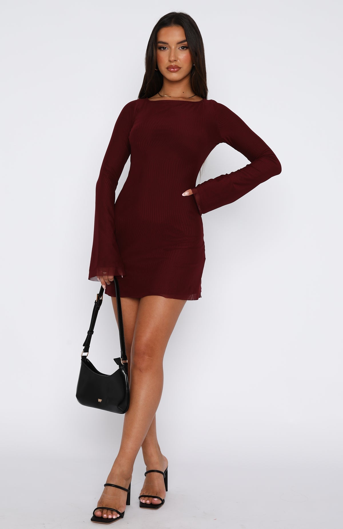 White Fox Excuse Me Miss Long Sleeve Mini Dress Wine
