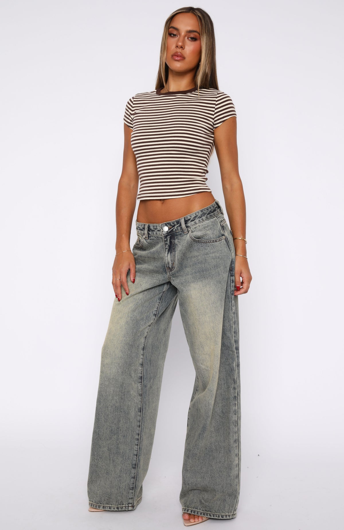 White Fox Maeve Low Rise Wide Leg Jeans Sand