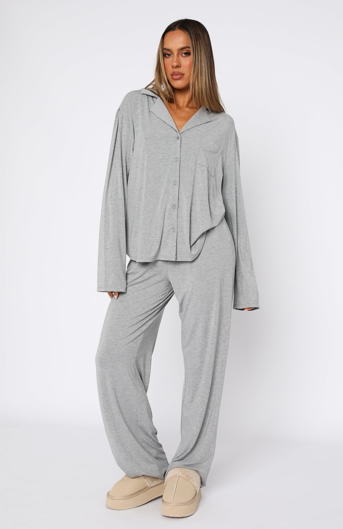 White Fox Pillow Talk Long Sleeve Pyjama Set Grey Marle