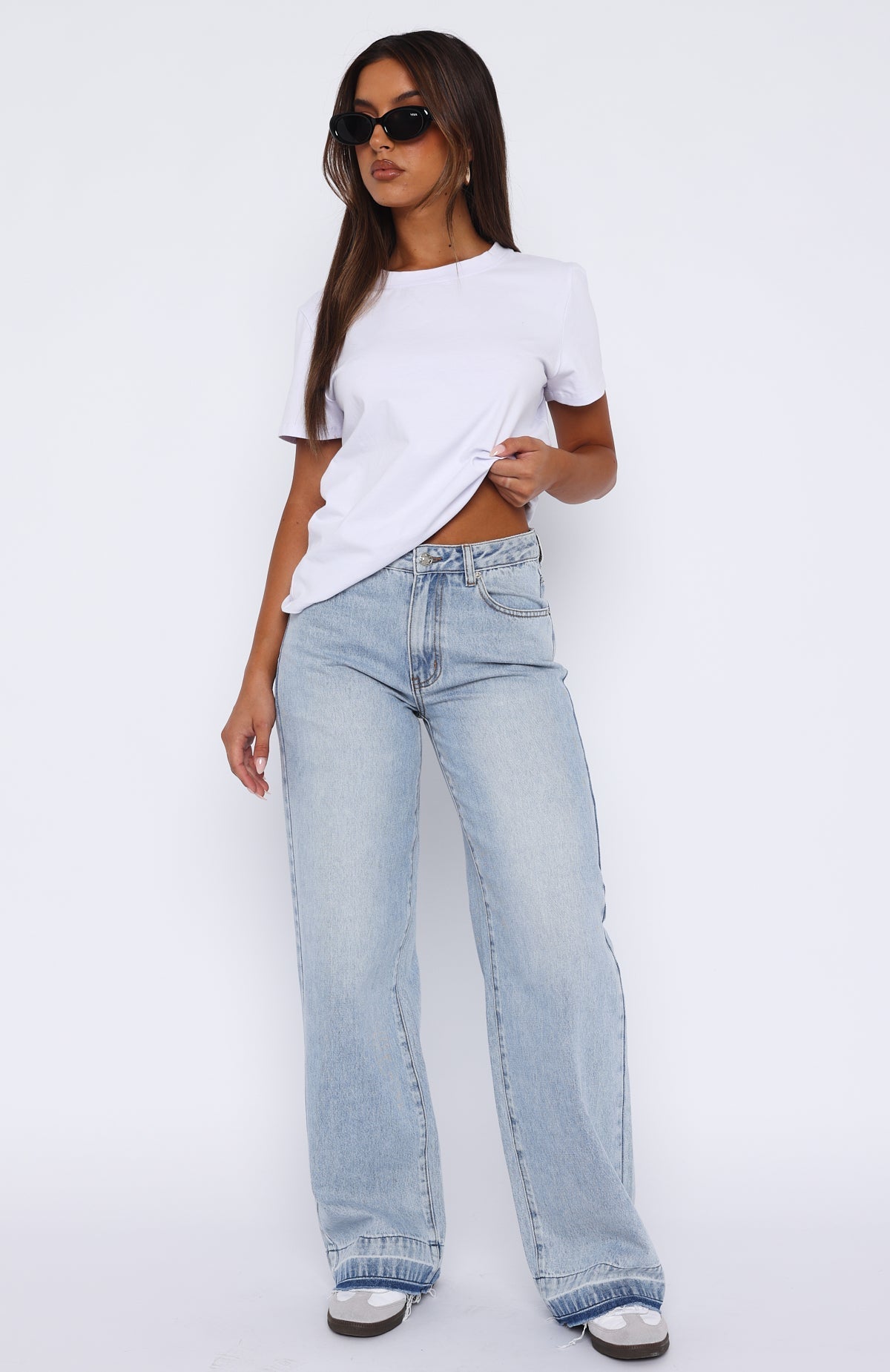 White Fox I Don't Need You Mid Rise Wide Leg Jeans Light Blue Wash