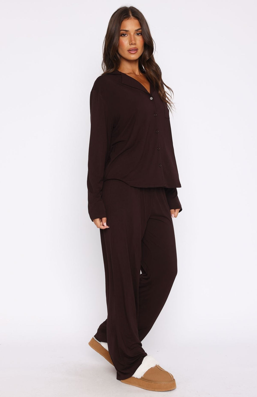 White Fox Pillow Talk Long Sleeve Pyjama Set Chocolate
