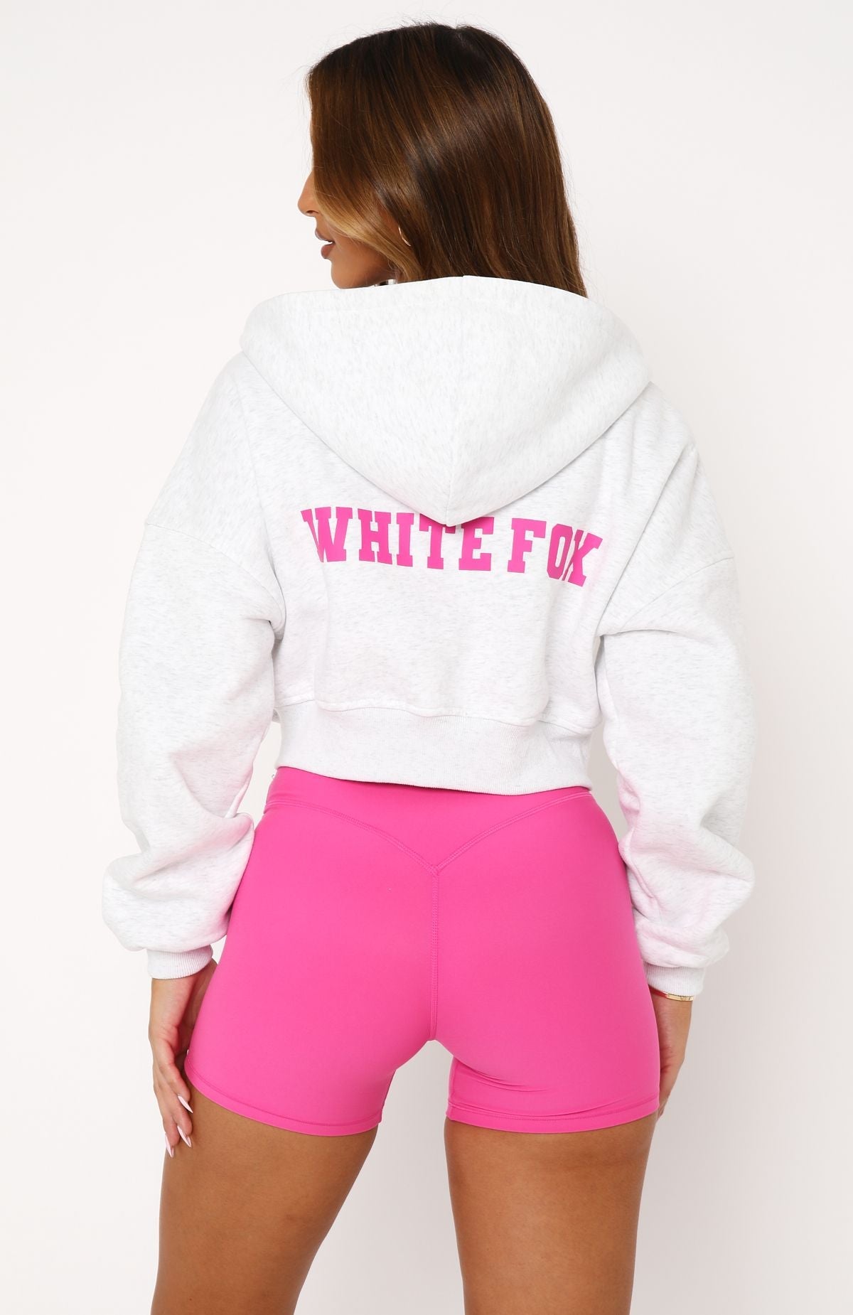 White Fox Stepping Out Cropped Hoodie Grey Marle/Pink