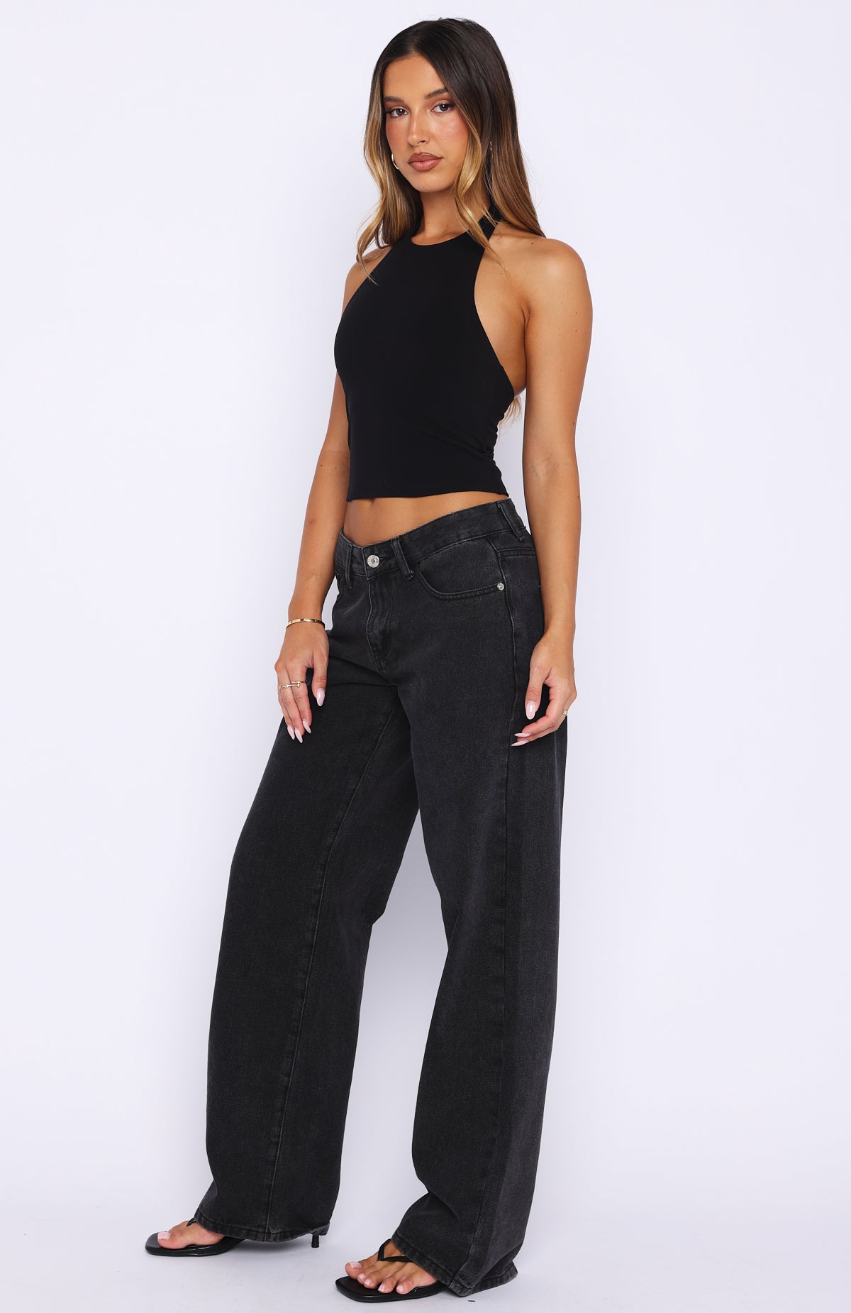 White Fox Bring The Style Low Rise Wide Leg Jeans Black Acid Wash