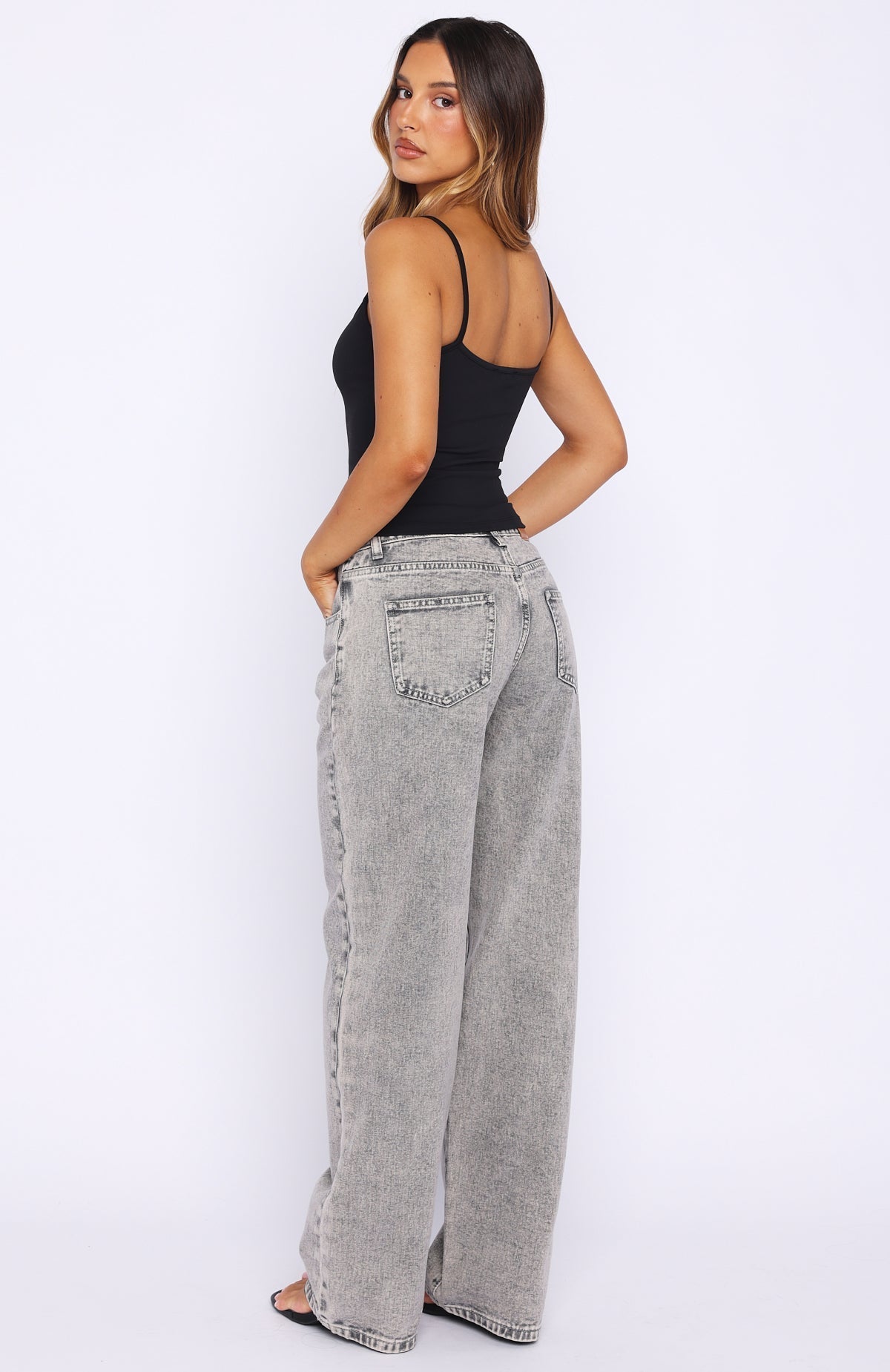 White Fox Bring The Style Low Rise Wide Leg Jeans Washed Grey