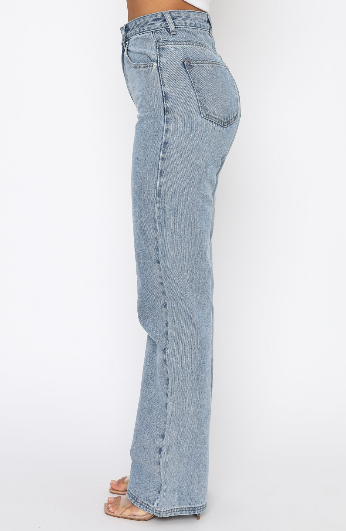White Fox Long Way To Go High Rise Straight Leg Jeans Washed Blue