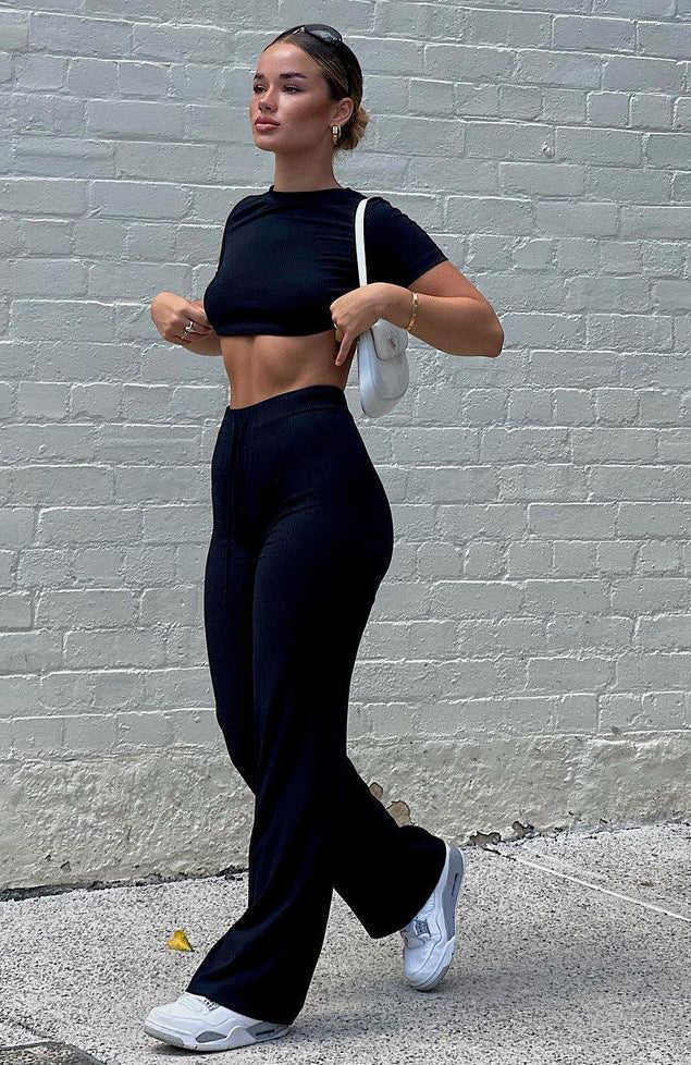 White Fox Adore You Ribbed Pants Black