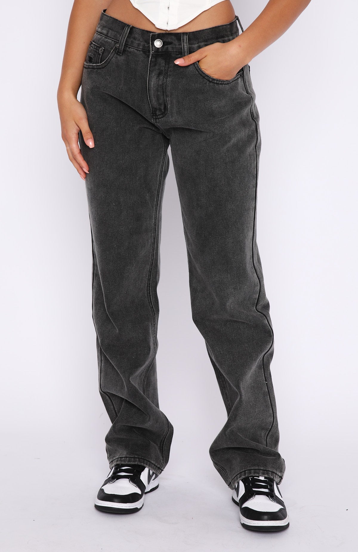 White Fox Fashion Society Mid Rise Straight Leg Jeans Acid Black