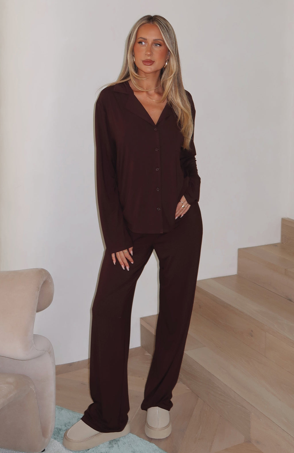 White Fox Pillow Talk Long Sleeve Pyjama Set Chocolate