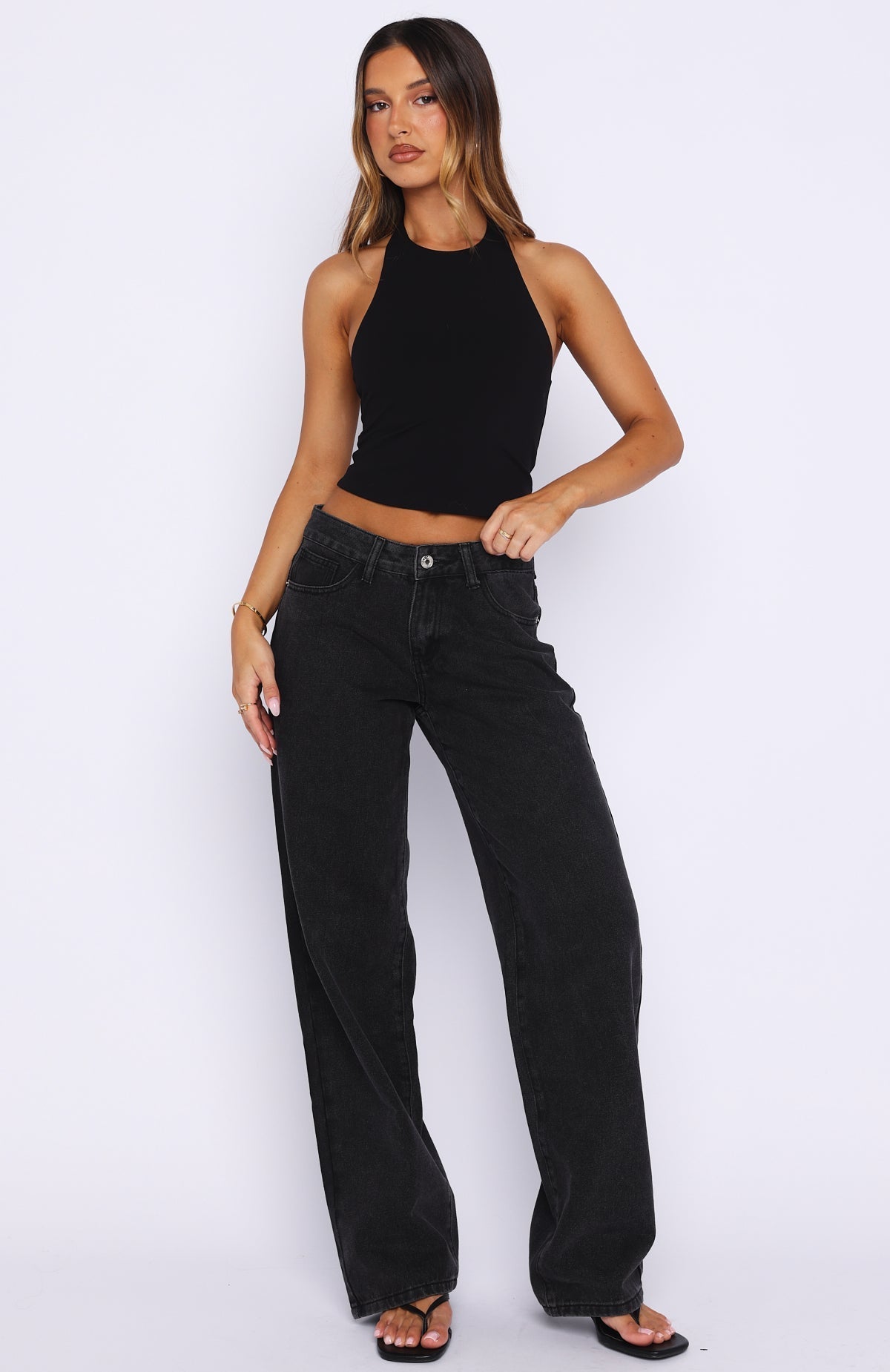 White Fox Bring The Style Low Rise Wide Leg Jeans Black Acid Wash