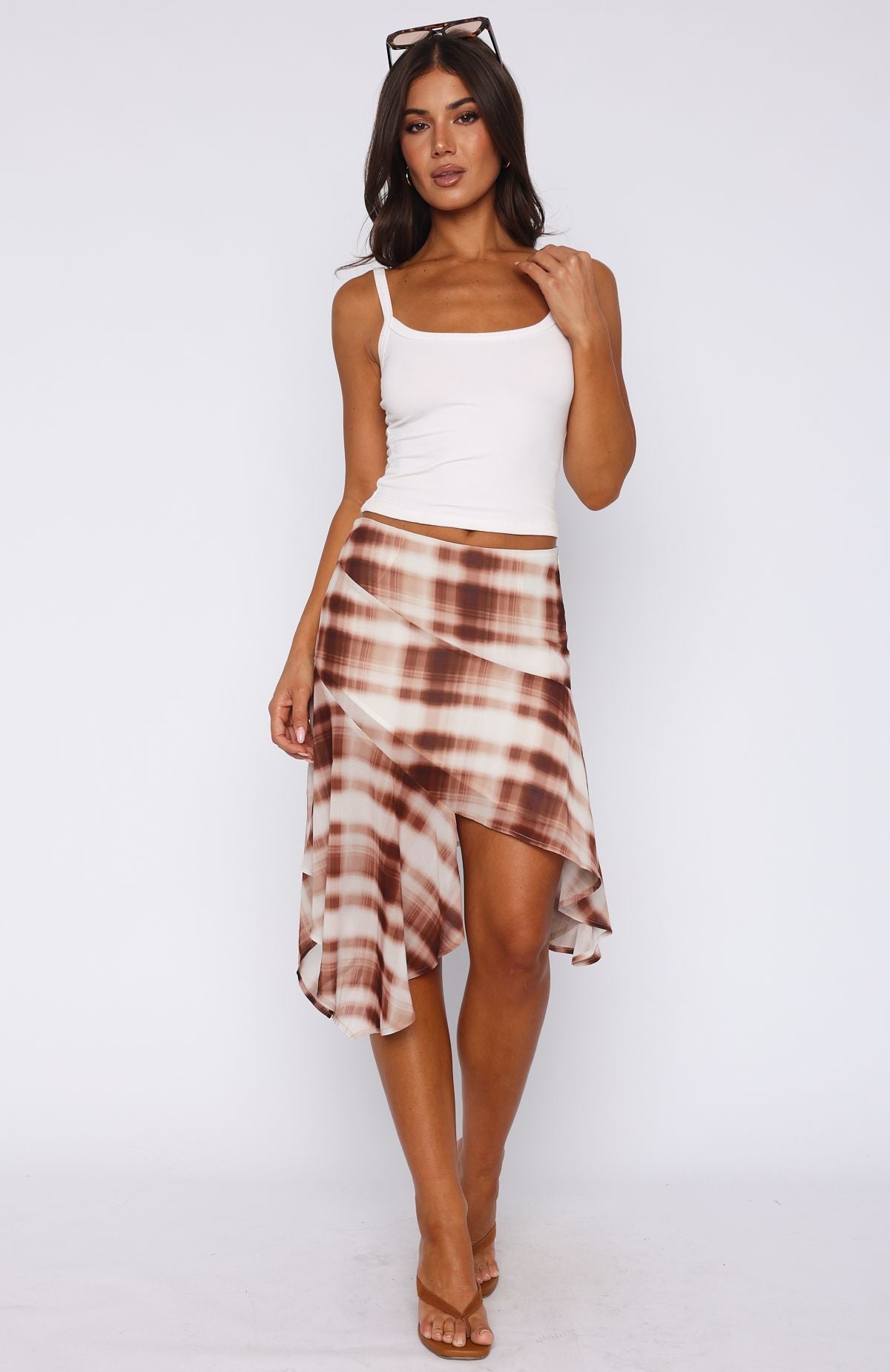 White Fox Crazy Romantic Midi Skirt Chocolate Plaid