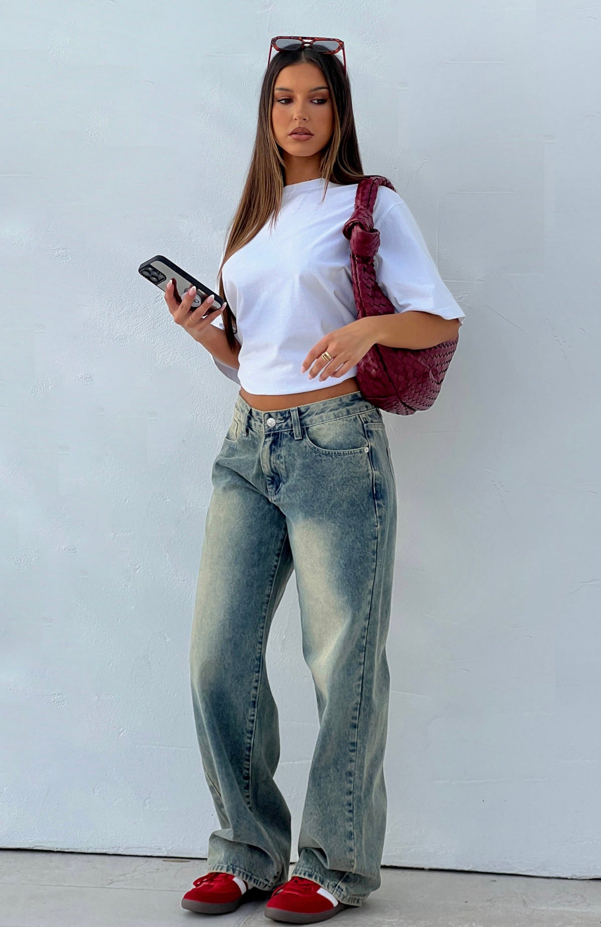 White Fox Bring The Style Low Rise Wide Leg Jeans Sand