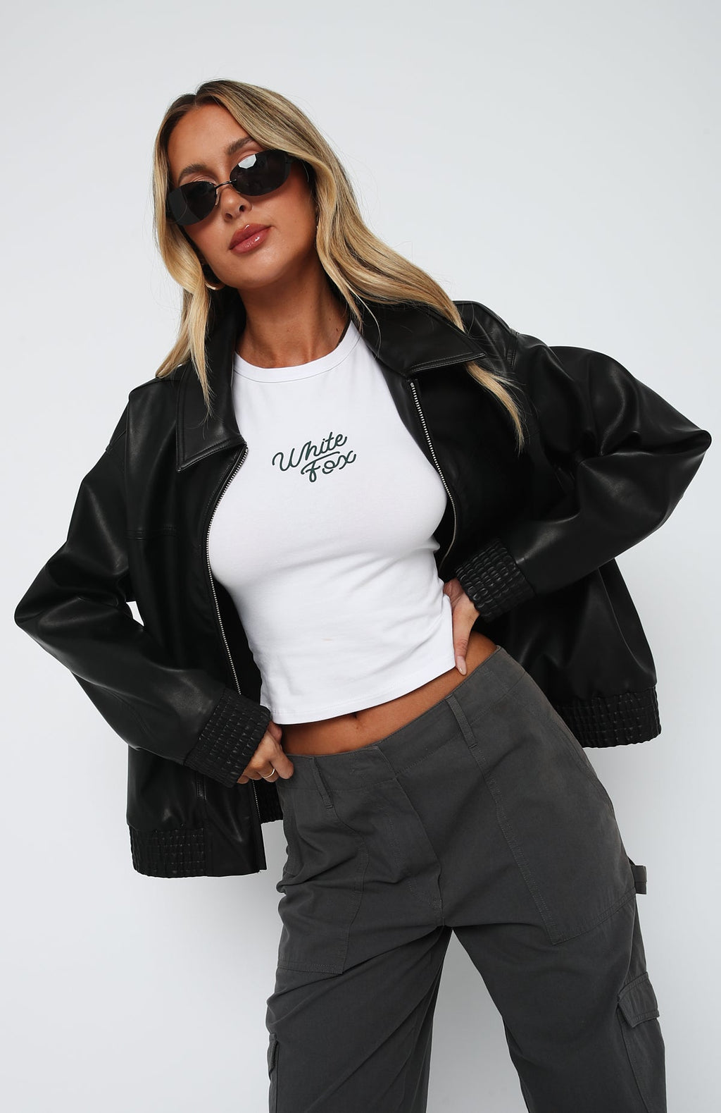 White Fox Make Things Right PU Bomber Jacket Black