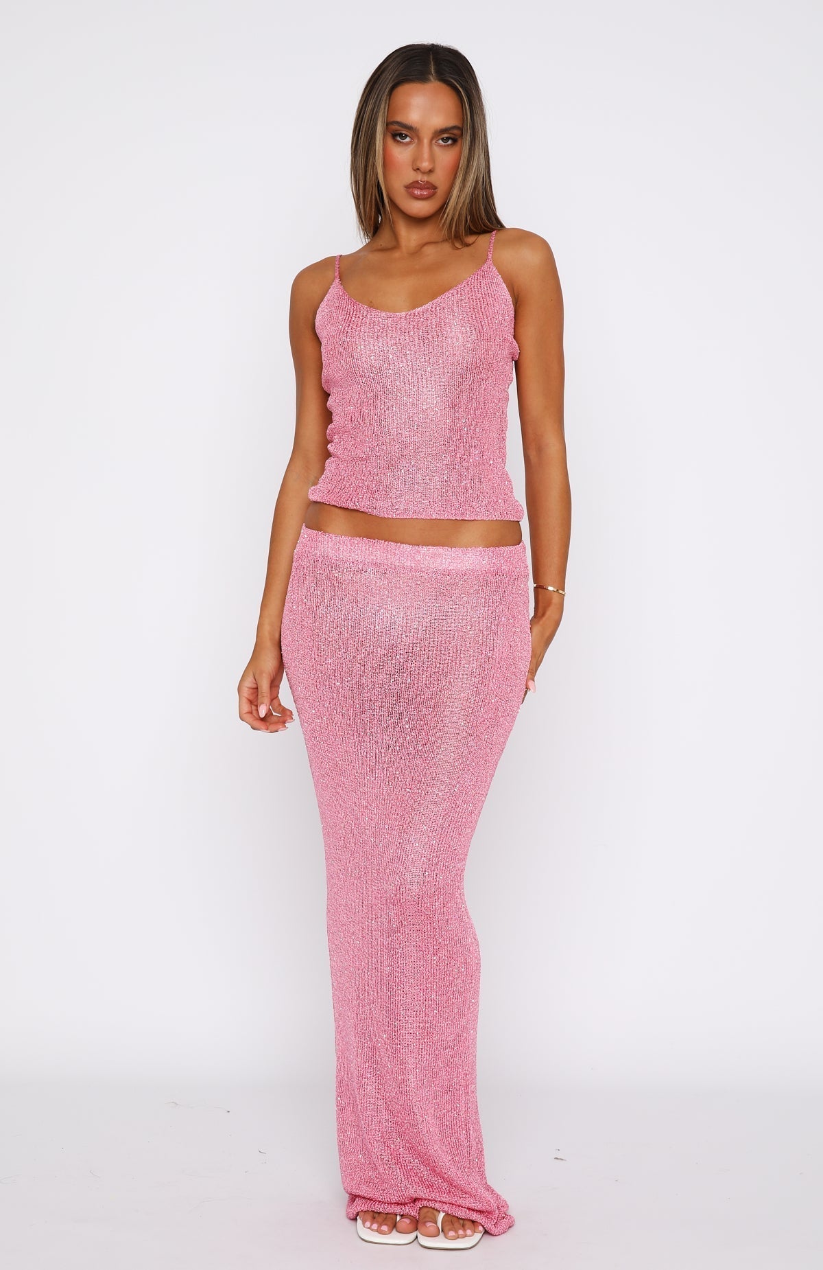 White Fox Star Shining Sequin Knit Maxi Skirt Bubblegum