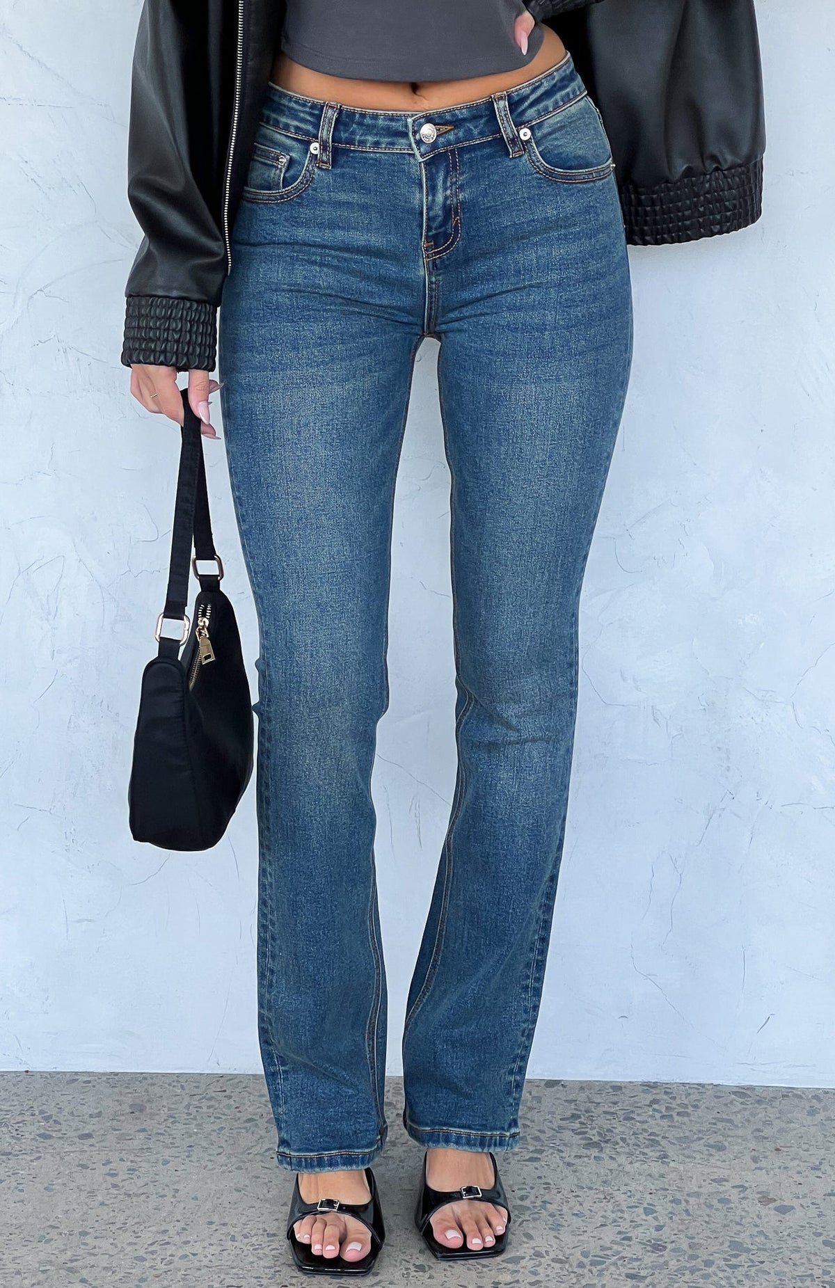 White Fox Wait For No One Low Rise Bootleg Jeans Mid Vintage Blue