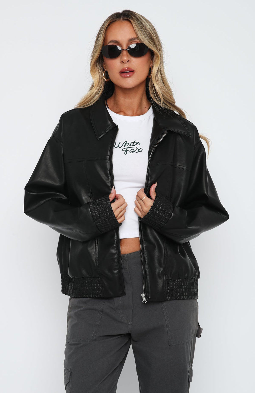 White Fox Make Things Right PU Bomber Jacket Black