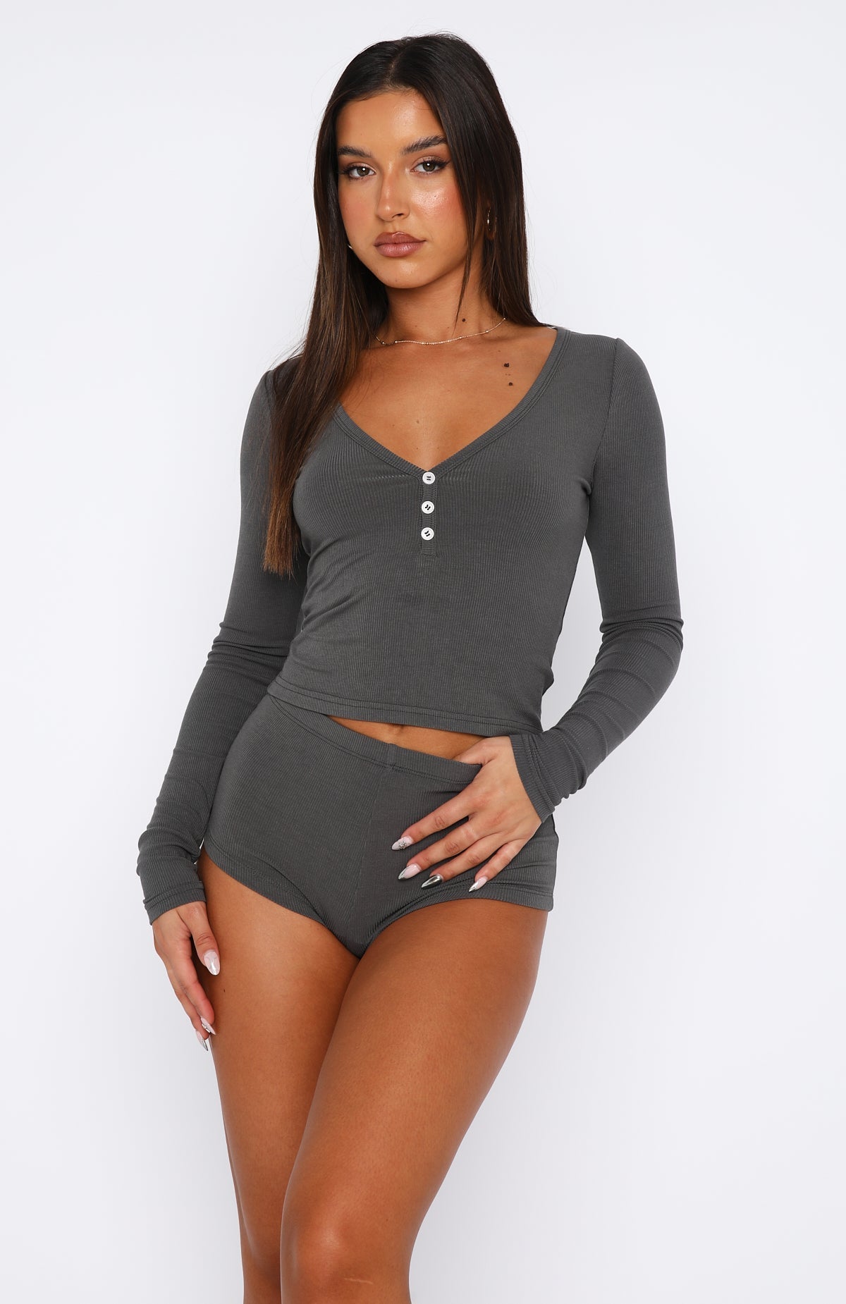 White Fox Girl Talk Pyjama Set Charcoal