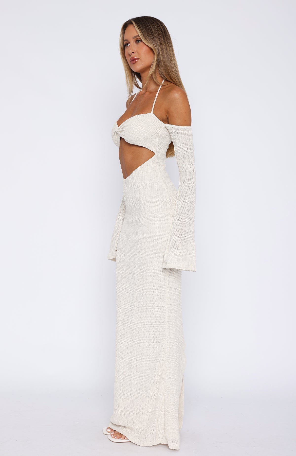 White Fox To The Beach Long Sleeve Maxi Dress Cream