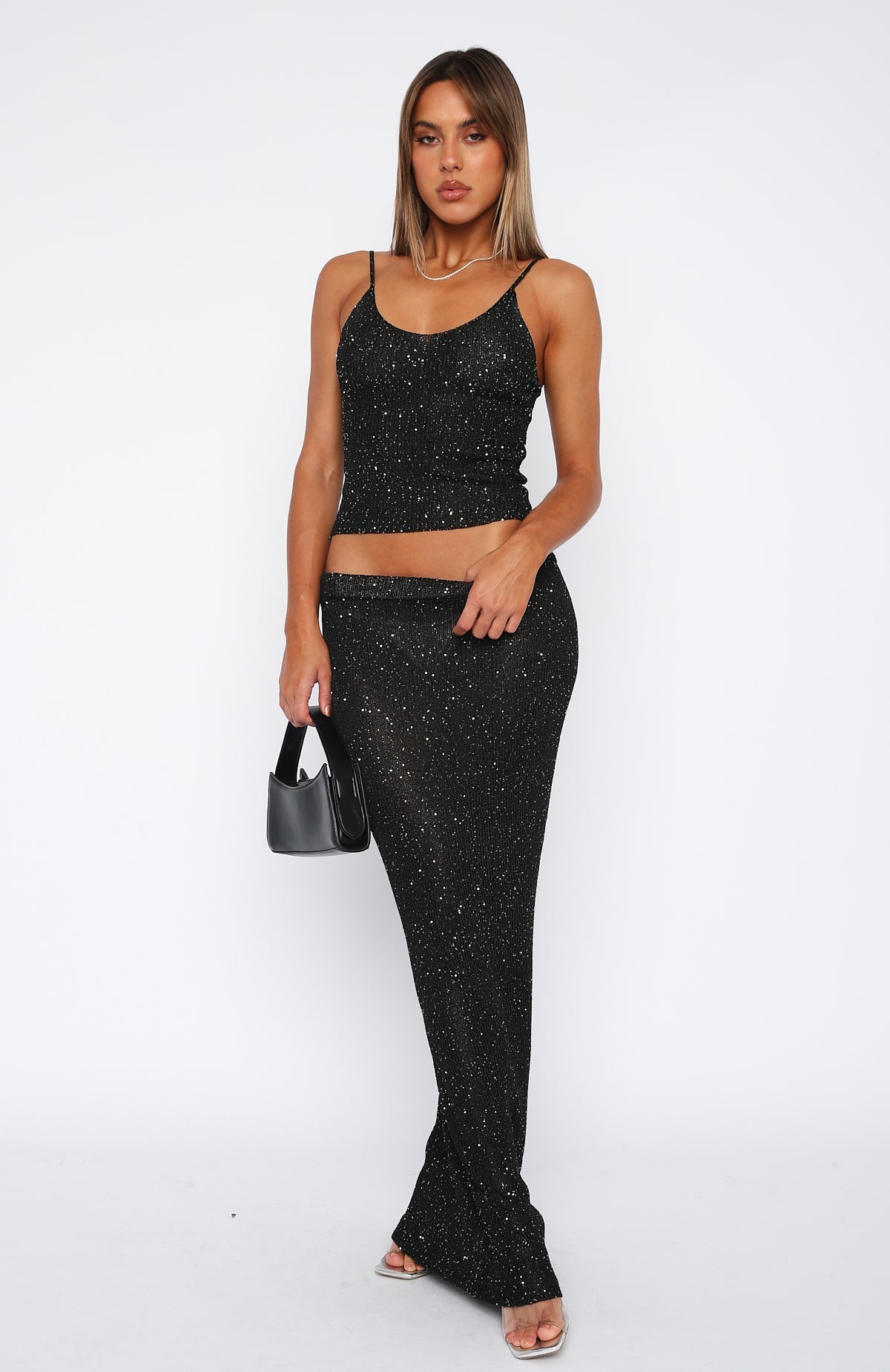 White Fox Star Shining Sequin Knit Maxi Skirt Black
