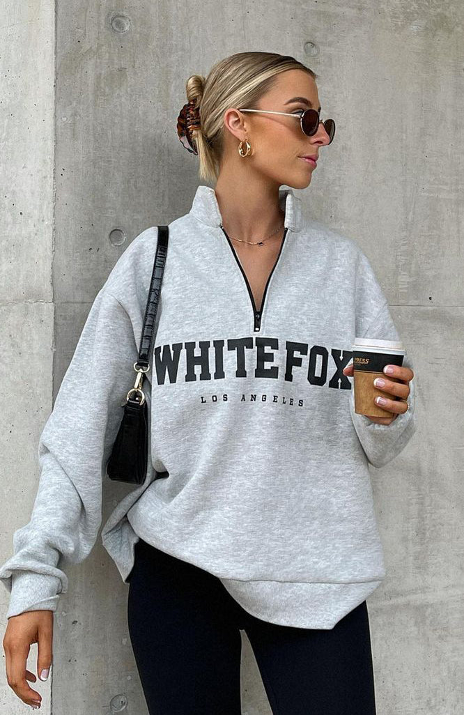 White Fox High Standard Zip Front Sweater Grey Marle